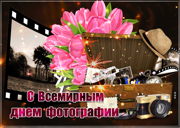 Мерцающая нежная gif картинка с всемирным днём фотографии с букетом розовых тюльпанов.