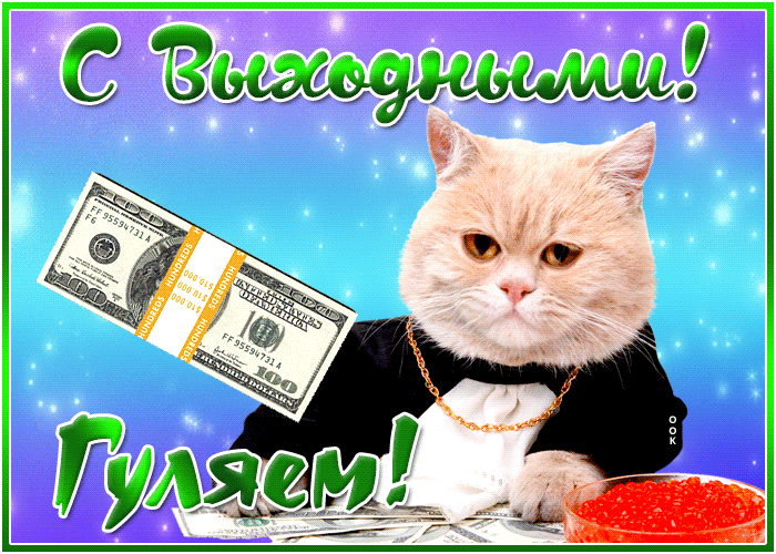 Блестящая открытка хороших выходных с котом Блестящая открытка хороших выходных с котом