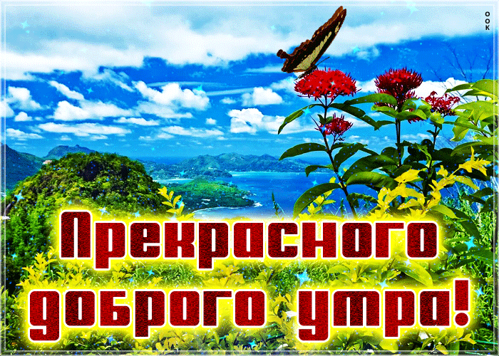 Открытка с пожеланием прекрасного доброго летнего утра, мерцающая.
