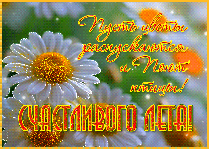 Гиф картинка пусть цветы распускаются и поют птицы! Счастливого Лета! Красивые летние открытки и картинки