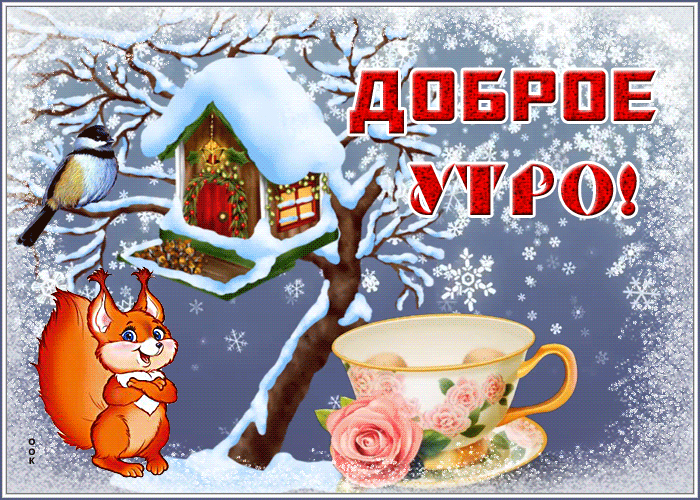 Новая Открытка доброе утро со снегом, котёнком и белочкой!