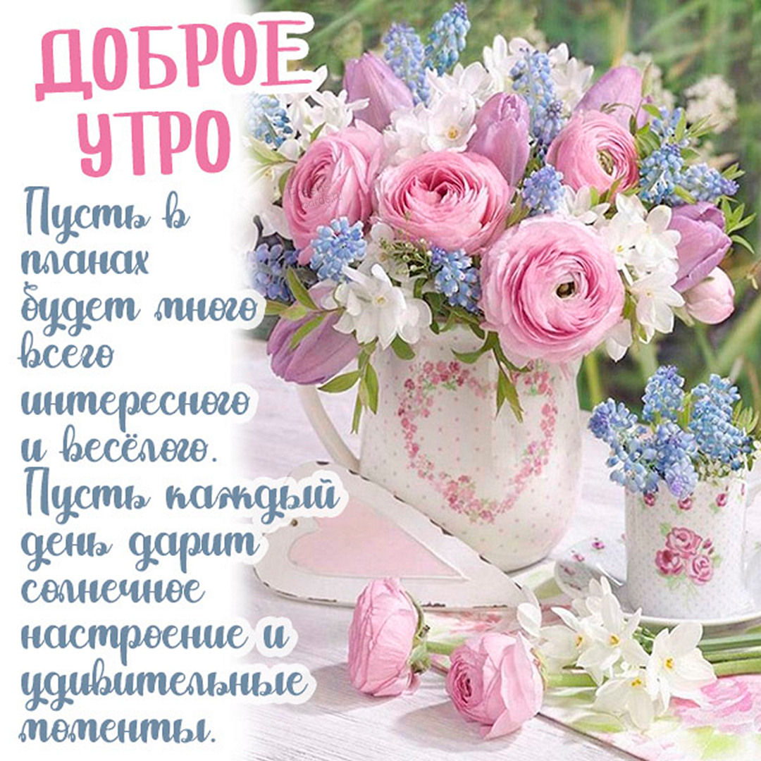 Весенняя картинка доброе утро пусть в планах будет много всего интересного и весёлого. Пусть каждый день дарит солнечное настроение и удивительные моменты.