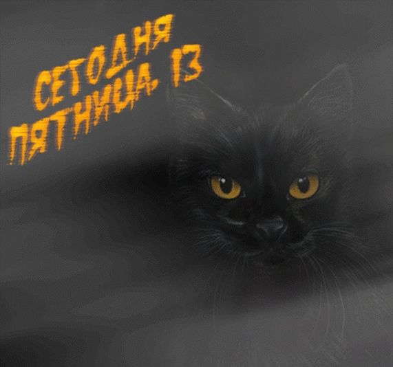 Черная кошка с анимацией. Смешная картинка с котом. Веселая анимация в пятницу 13-е.
