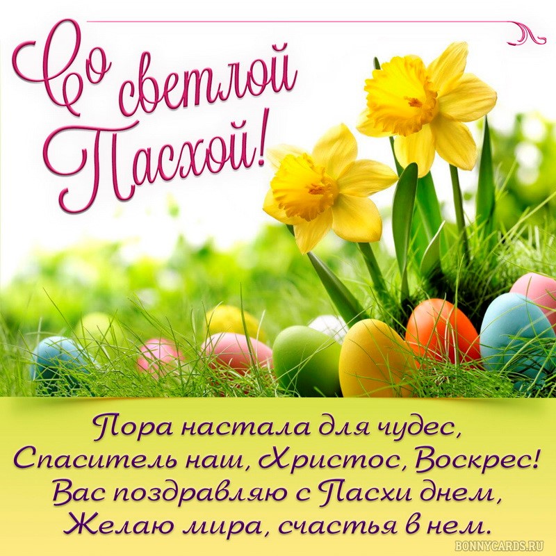 Открытка на светлую Пасху с нарциссами и яйцами Открытка на светлую Пасху с нарциссами и яйцами