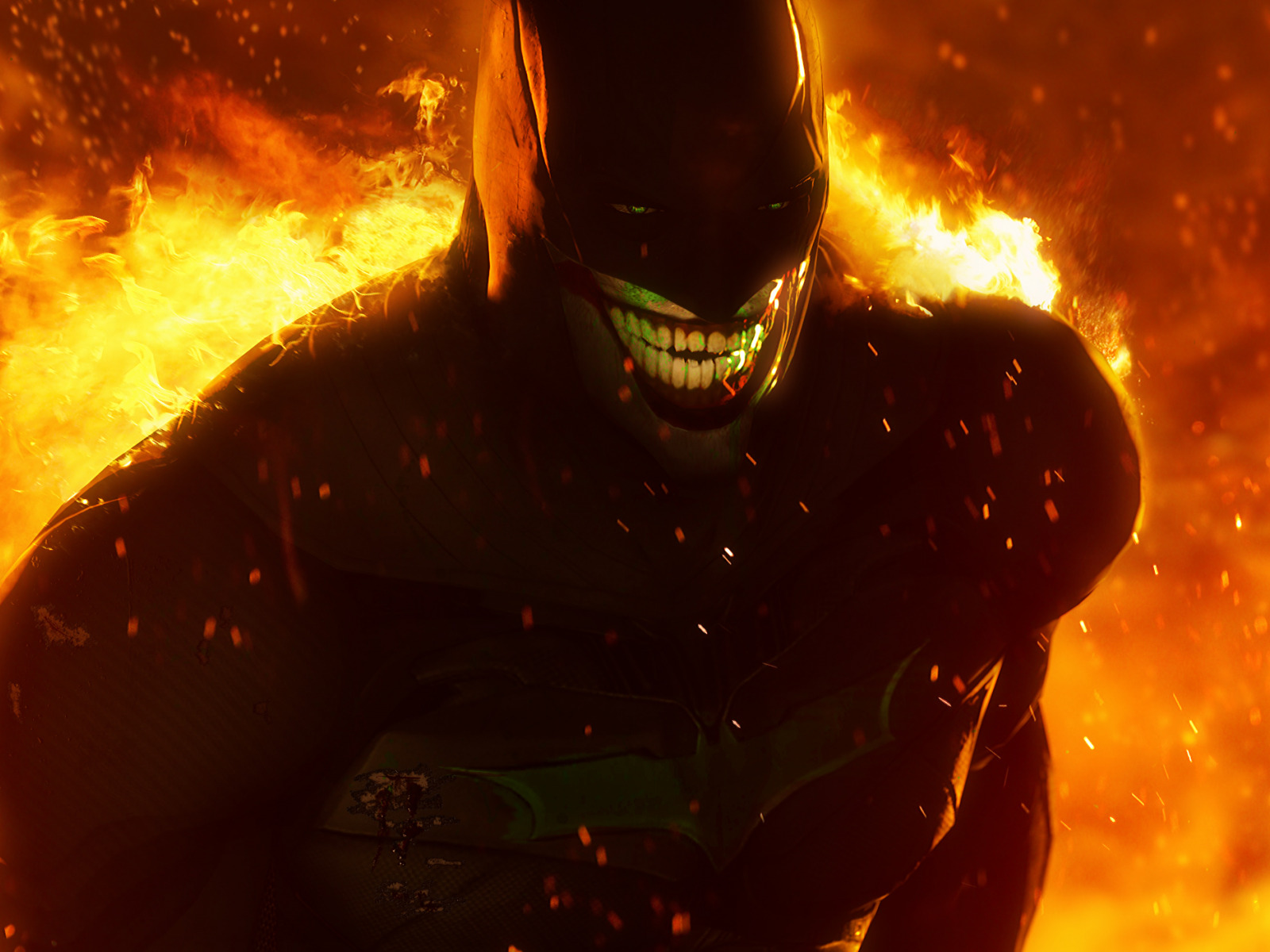Обои для рабочего стола. улыбка, огонь, batman, маска, joker, fan art. Огненный Бэтмен.