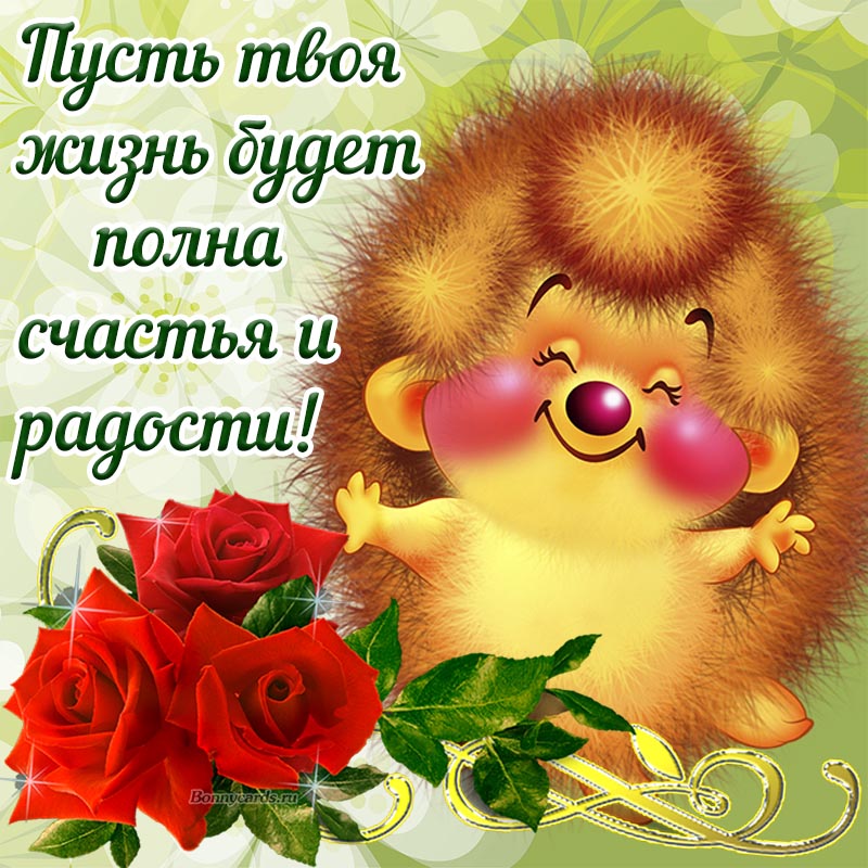Пожелание счастья на фоне ёжика и красных роз. Пожелание счастья на фоне ёжика и красных роз.