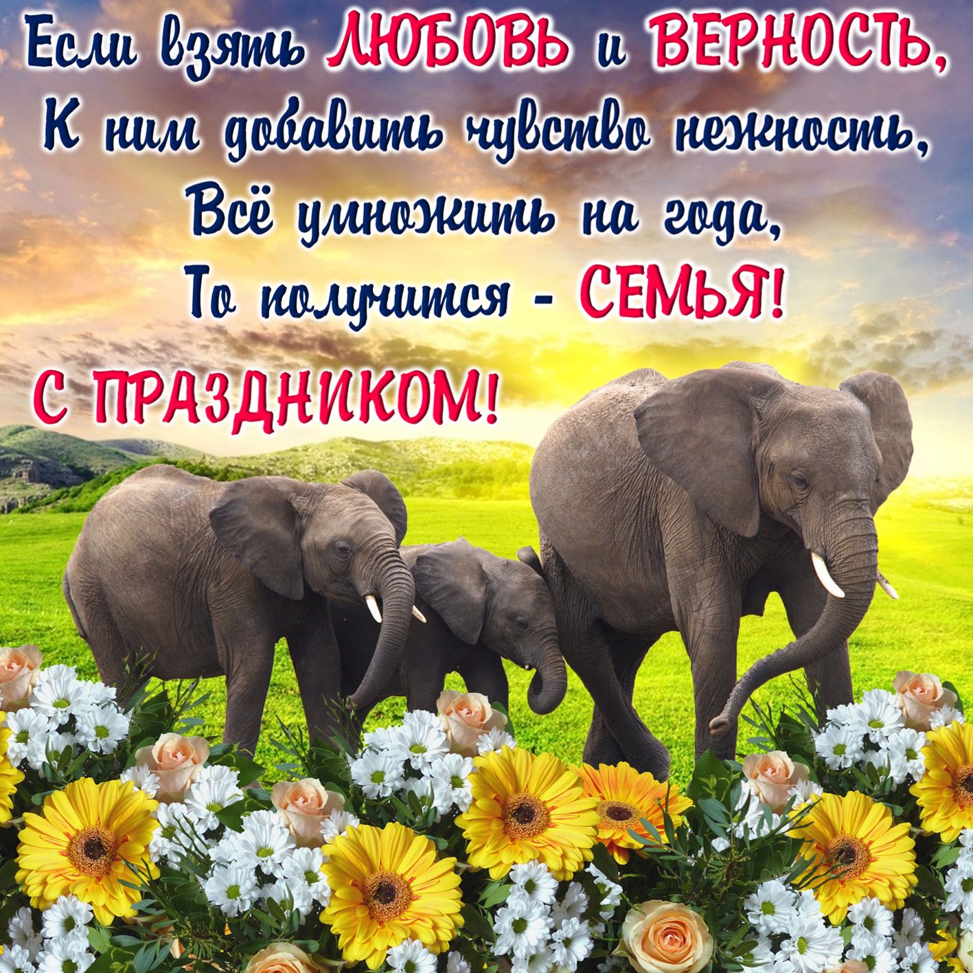 Семья слоников и красивое пожелание.