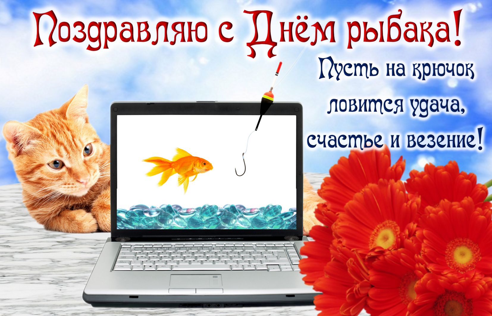 Поздравление на День рыбака с котиком.
