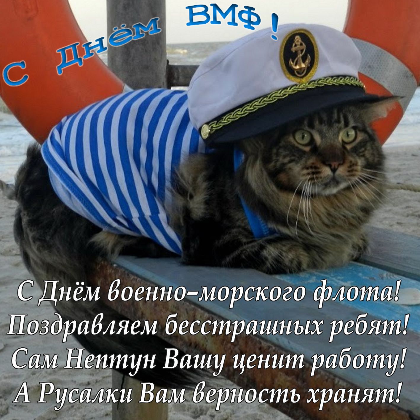 Открытка с котом в тельняшке и фуражке.