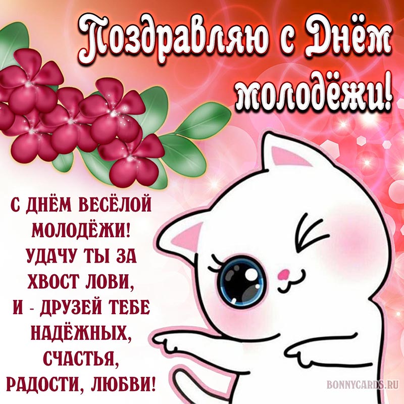 Весёлая открытка с котом и стихами на День молодежи. Весёлая открытка с котом и стихами на День молодежи.