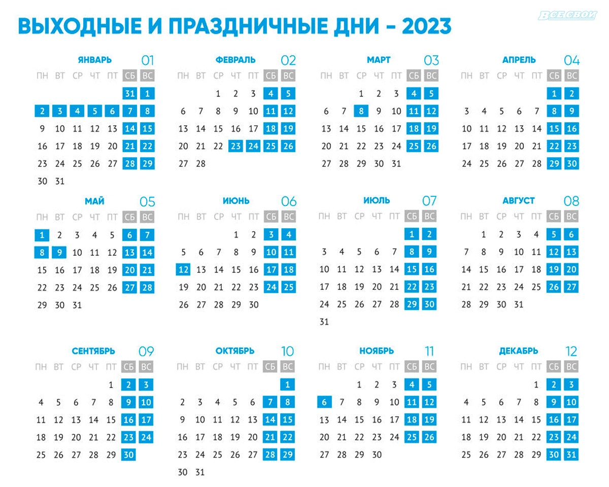 Нерабочие и праздничные дни в 2023 году.
