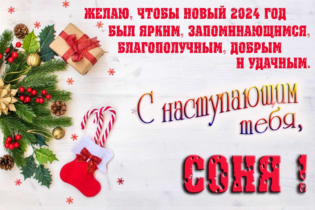 Желаю, чтобы новый 2024 год был ярким, запоминающимся, благополучным, добрым и удачным. С Наступающим тебя, Соня!