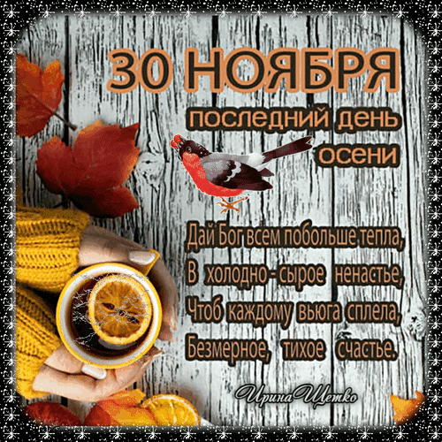 Анимация 30 Ноября последний день осени, картинка со стихами и пожеланиями.