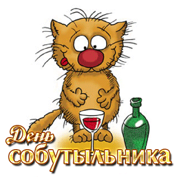 Анимация кот с вином и надписью "День собутыльника" на прозрачном фоне для форума.