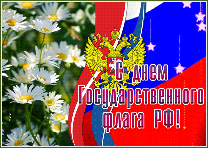 Летняя gif картинка с днём Государственного флага РФ с ромашками.