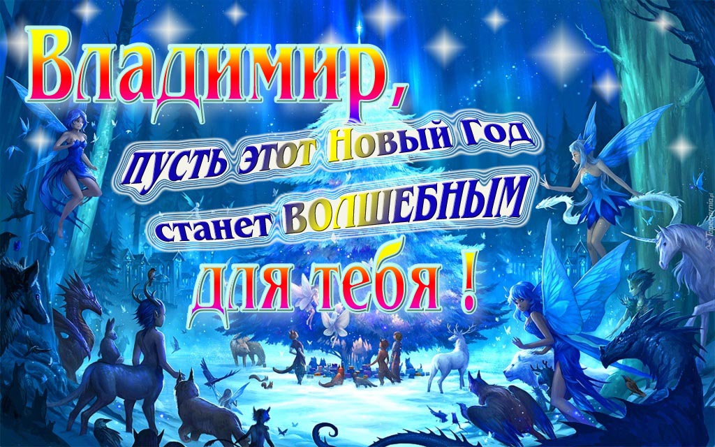Мультяшная картинка со сказочными фэнтези персонажами : Владимир, пусть этот Новый год станет волшебным для тебя!