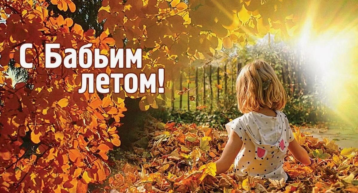 Солнечное фото с маленькой девочкой в осеннем лесу и поздравлением "С бабьим летом!". Солнечное фото с маленькой девочкой в осеннем лесу и поздравлением "С бабьим летом!".
