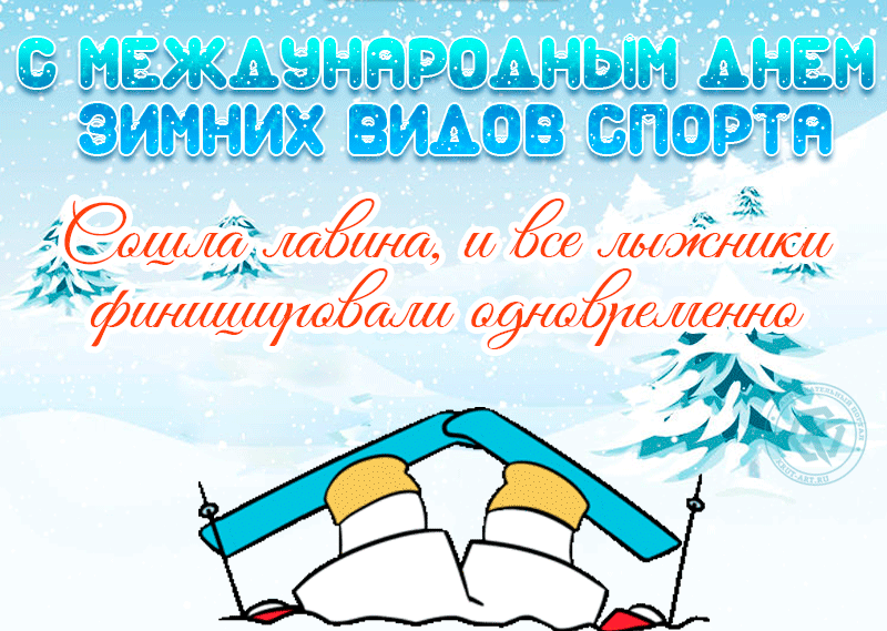 Мерцающая гиф открытка со смешными пожеланиями на день зимних видов спорта и снега.