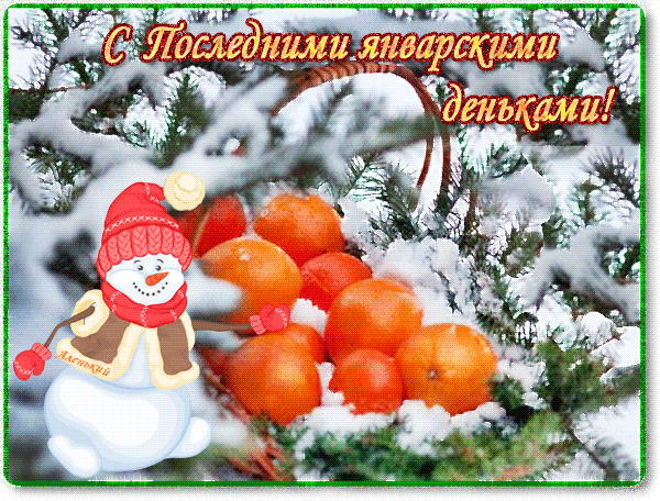 Прикольная открытка со снеговиком и мандаринами на последние Январские денёчки.