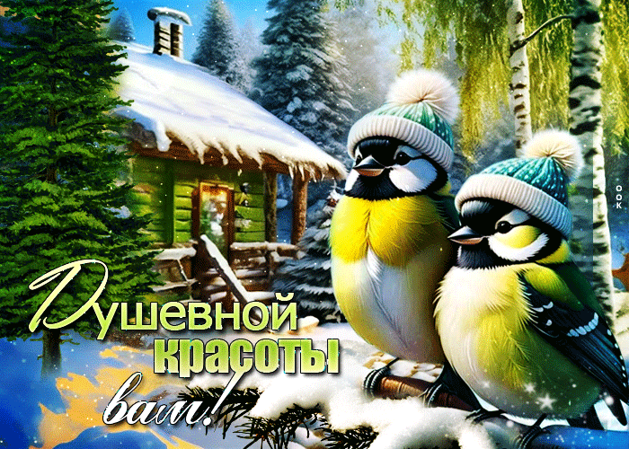 Красивая зимняя гифка "Душевной красоты вам" с птичками.