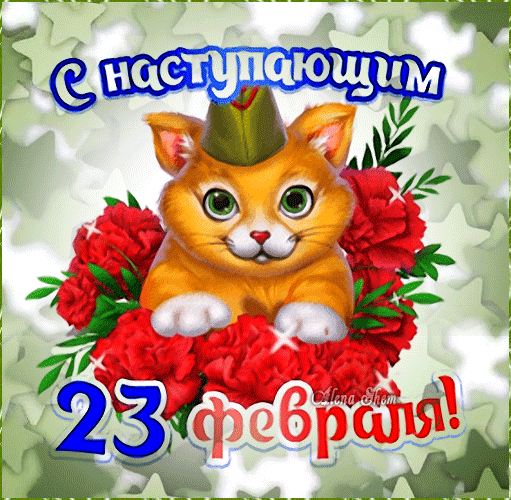 Прикольная гиф открытка с котиком, который поздравляет с грядущим 23 Февраля. Прикольная гиф открытка с котиком, который поздравляет с грядущим 23 Февраля.