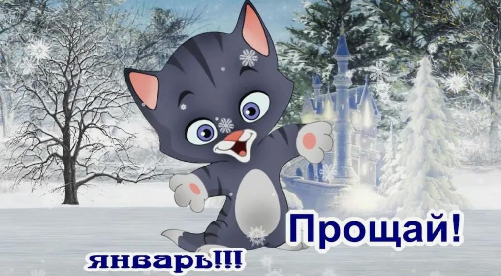 Детская прикольная картинка прощай, Январь с котёнком.