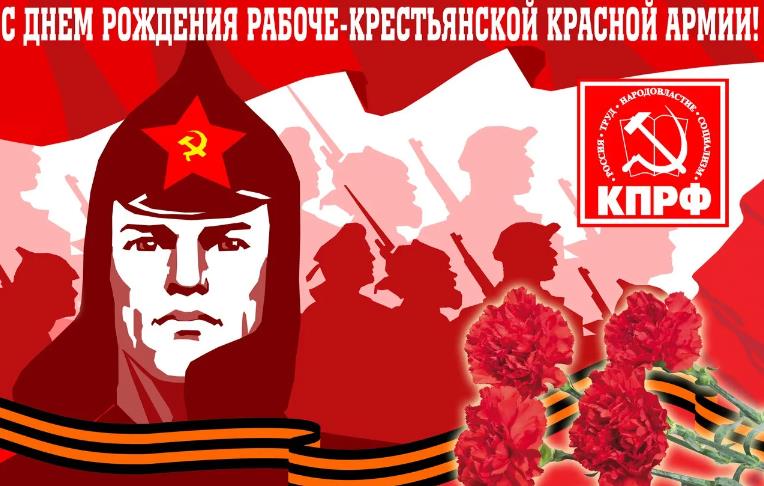 Гордый воин Красной армии с цветами.