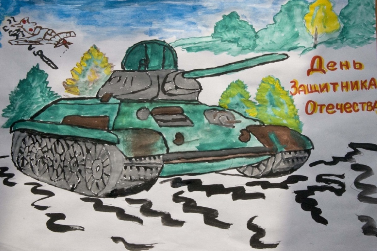 Красивый Рисунок на 23 февраля в школу с танком.