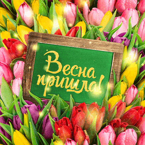 Мерцающая открытка с тюльпанами и надписью "Весна пришла!". Мерцающая открытка с тюльпанами и надписью "Весна пришла!".