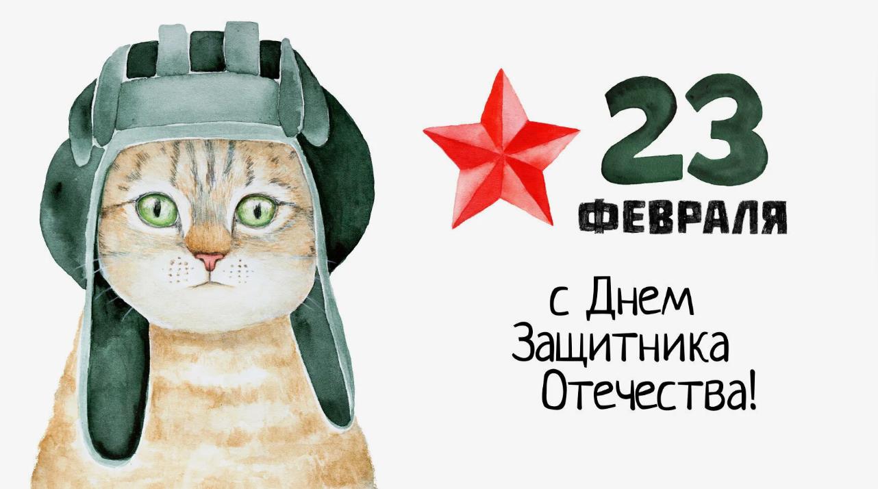 Стильная картинка с котом в шлеме танкиста на 23 Февраля 2024.