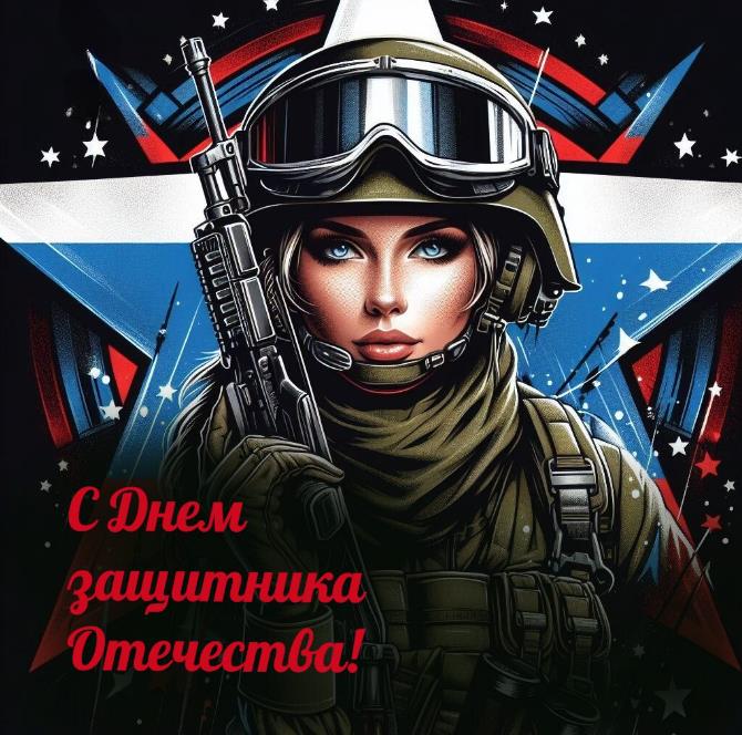 Оригинальная картинка с девушкой в военной форме для солдата в день защитника отечества.