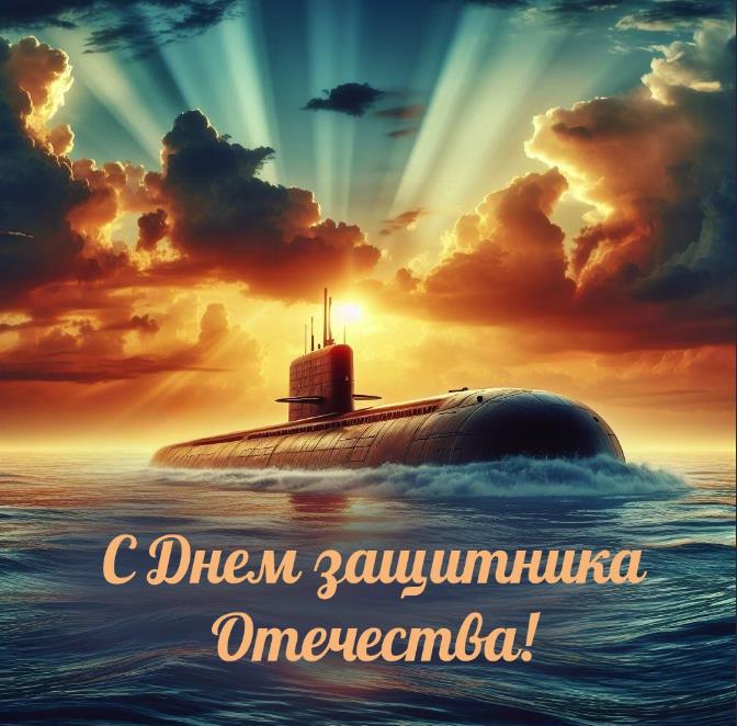 Морская открытка с подводной лодкой ко дню защитника отечества.
