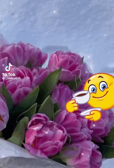Новая gif картинка, из видео Тик Ток "С последним понедельником Зимы!" с цветами и смайликом и Пожеланием доброго утра.