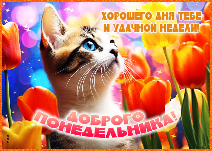 Яркая весенняя картинка хорошего дня тебе и удачной недели, доброго Понедельника. С тюльпанами и кошечкой для девушек.