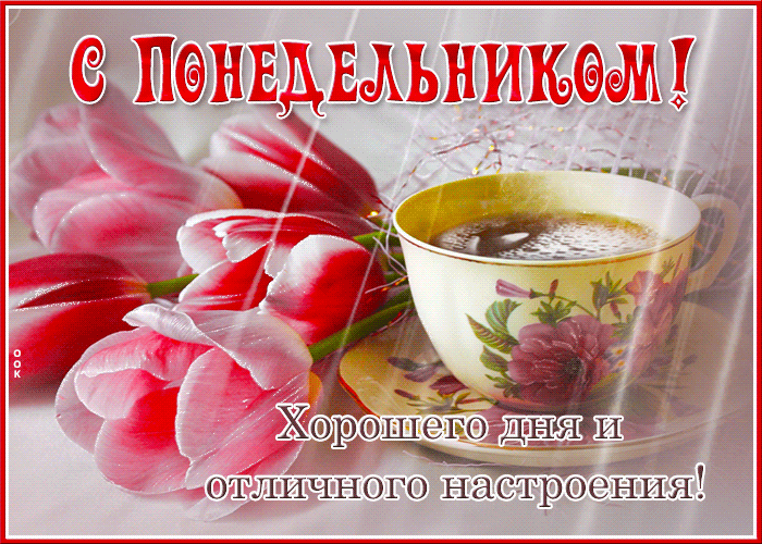 Красивая мерцающая gif картинка с тюльпанами для женщины и пожеланием хорошего дня и отличного настроения в понедельник.