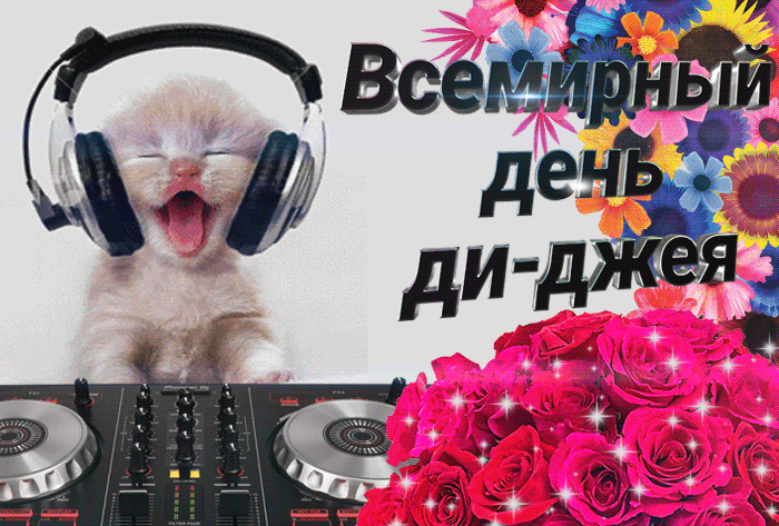 Смешная гифка с котёнком диджеем на 9 Марта.