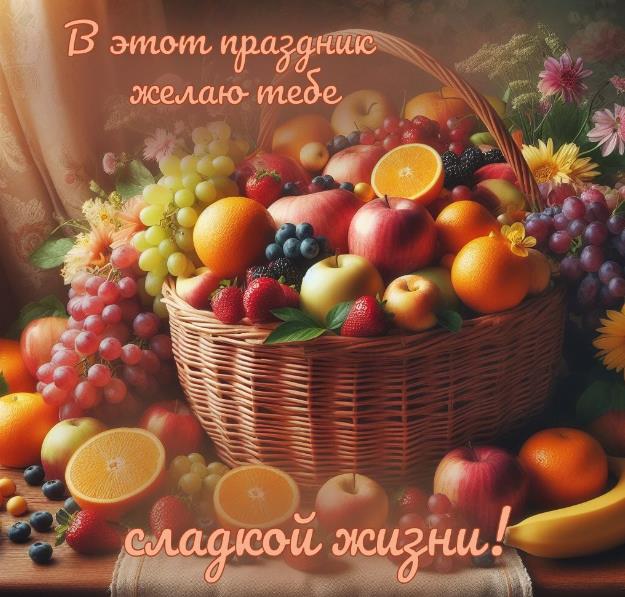 Картинка с корзинкой фруктов и пожеланием сладкой жизни на 8 марта.