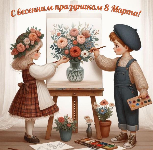 Дети рисуют букет цветов на весенний праздник 8 марта для мамы.