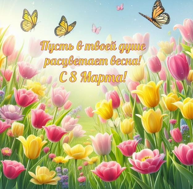 Очень красивая открытка "Пусть в твоей душе расцветёт весна! С 8 Марта!".