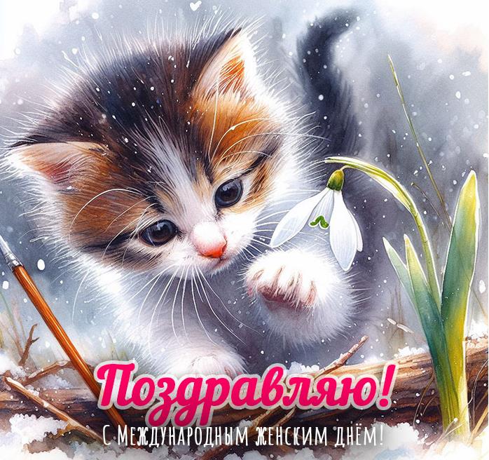 Открытка с котёнком "Поздравляю, с международным женским днём!".