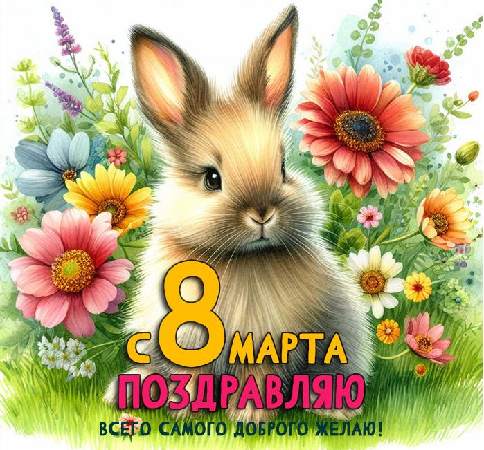 Весенняя открытка с зайкой в цветах с поздравлениями на восьмое марта.