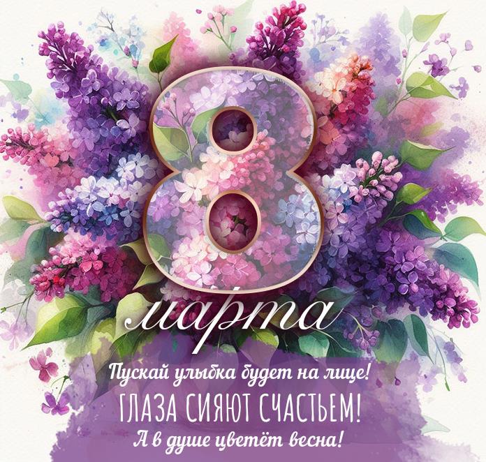 Классная открытка с фоном из сирени для женщин на 8 марта.