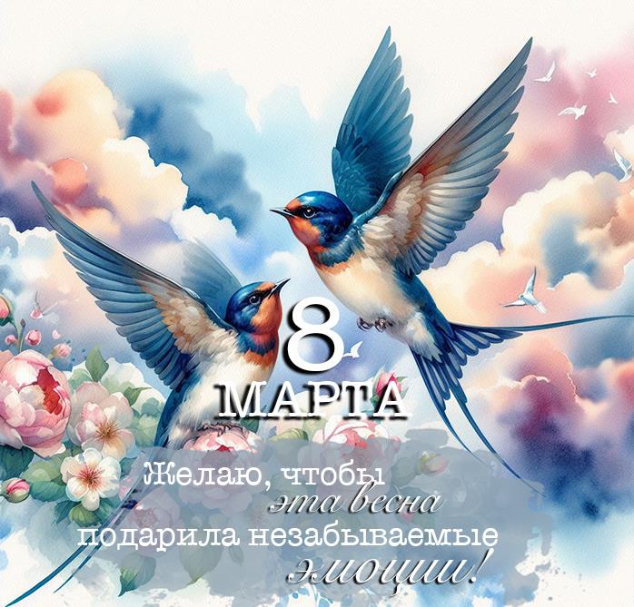 Птички в облаках на фоне мартовских цветов.