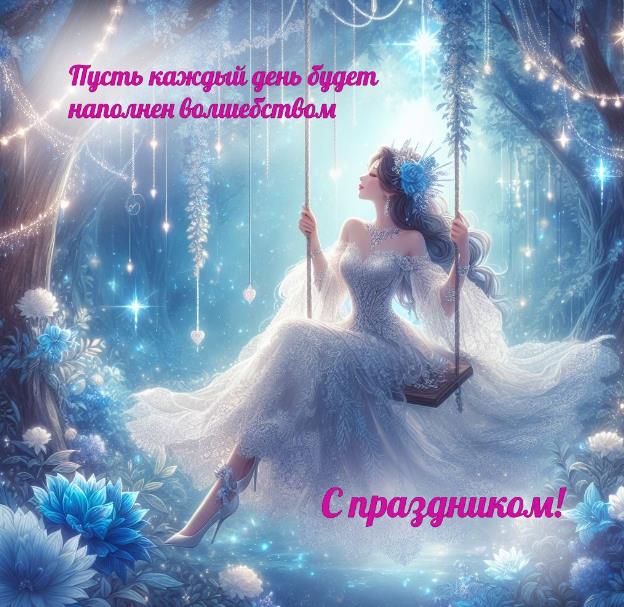 Волшебная открытка с принцессой в сказочном лесу на 8 марта.