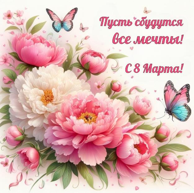 Цветочная картинка от нейросети с 8 марта с бабочками.
