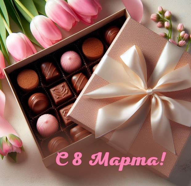 Конфеты и нежные тюльпаны на 8 марта.