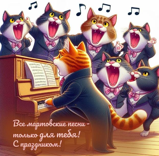 Смешная открытка сегодня все Мартовские коты поют песни для тебя одной.