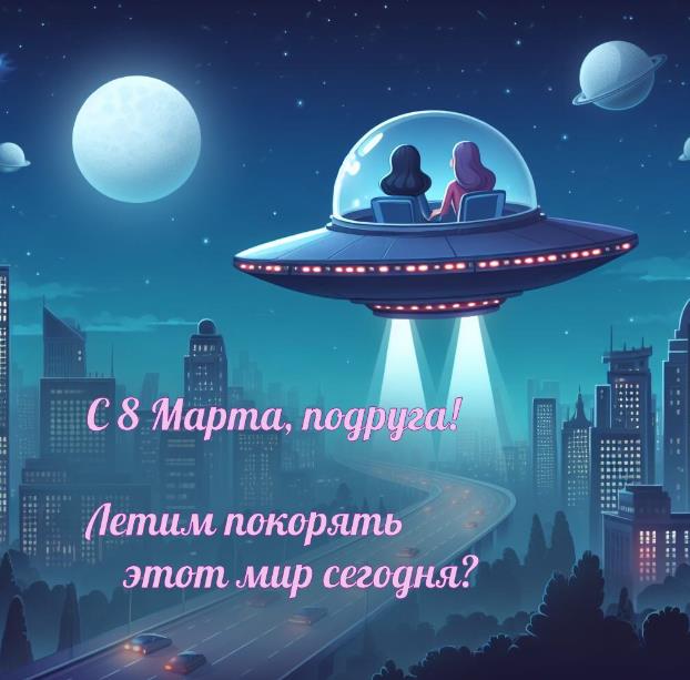 Космическая картинка на 8 марта для подруги "Летим покорять мир сегодня?".