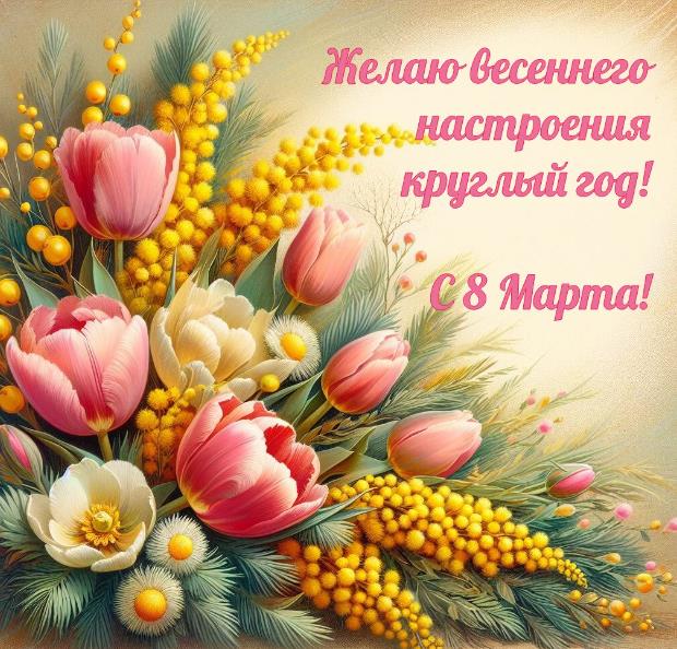 Красивая открытка с букетом из тюльпанов и мимоз с 8 марта.
