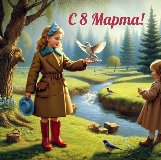 Необычная открытка с детьми и весенний природой на 8 марта.